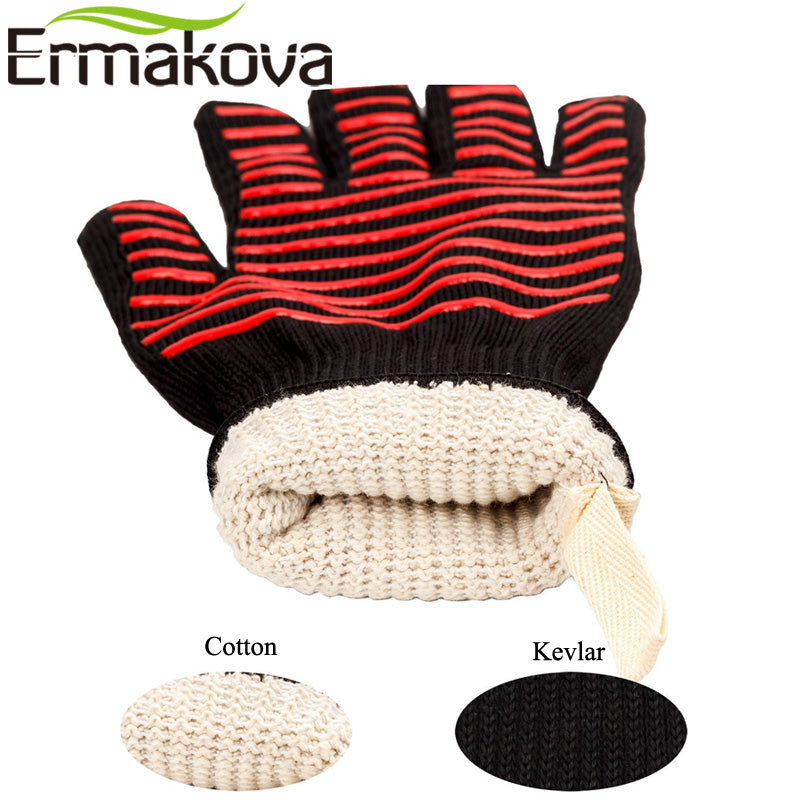 ERMAKOVA BBQ Gloves Heat Resistant Grill Gloves Non-slip Silicone Coated Pot Holders Oven Mitts