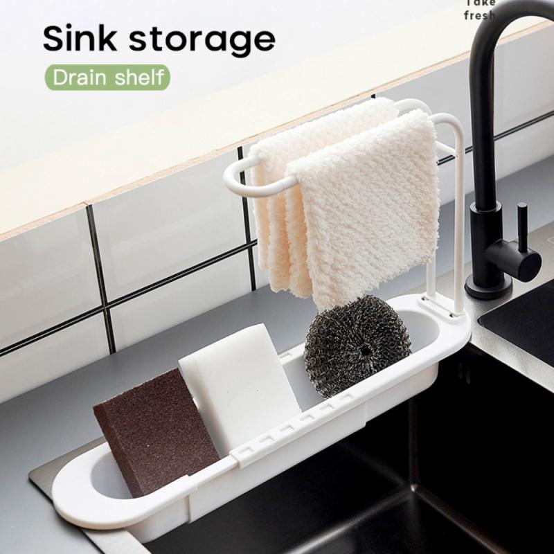 Kitchen Telescopic Sink Shelf Drainer Rack Storage Basket Soap, Sponge and Storage Towel Rack