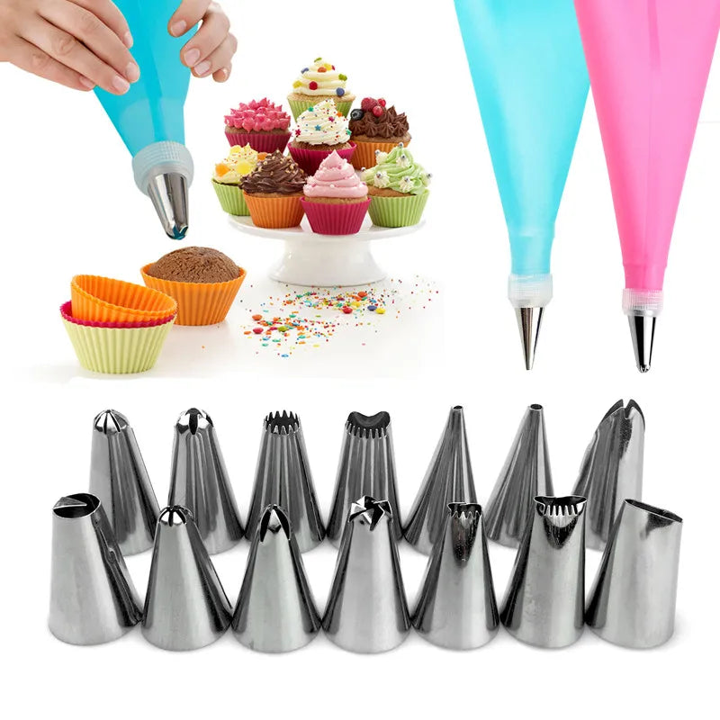 16pcs/Set Confectionery Bag With Nozzles Icing Piping Tips Stainless Steel Cake Decorating Tool