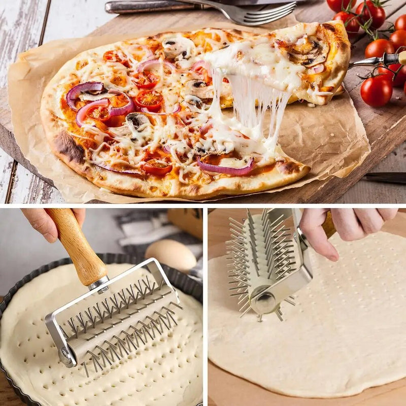 Pizza Docking Tool Pastry Roller With Stainless Steel Spikes Wood Handle Kitchen Pizza Making Accessories