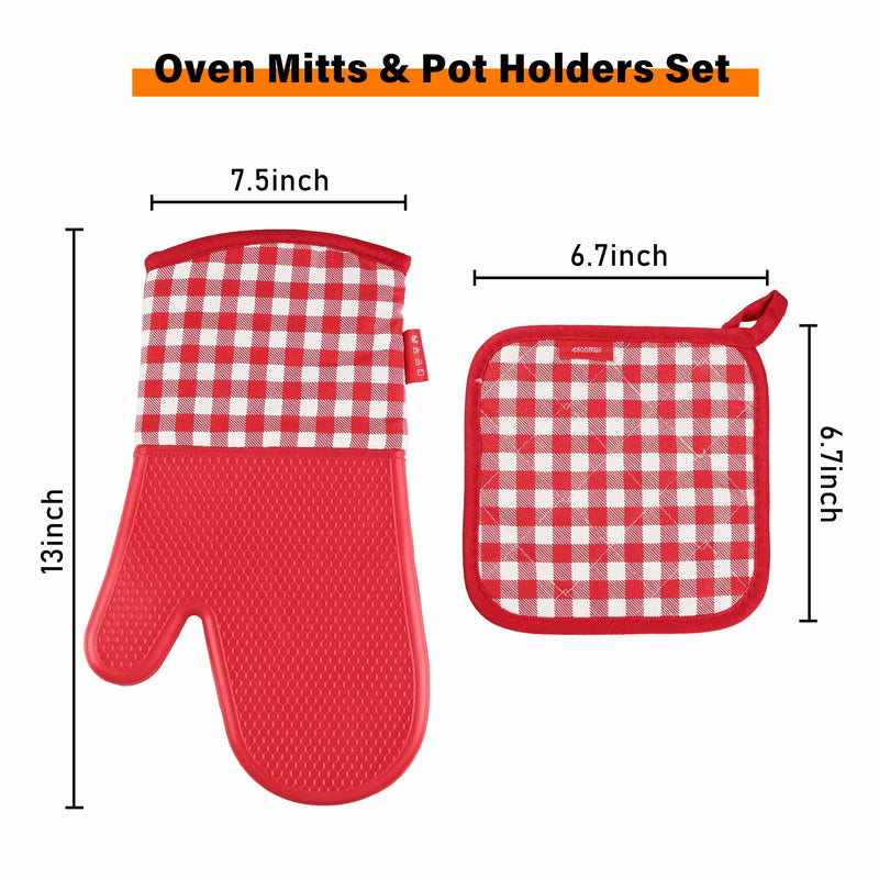 Heat Resistant Silicone Oven Gloves Non-Slip Oven Mitts + 2 Cotton Pot Holders for Kitchen Cooking