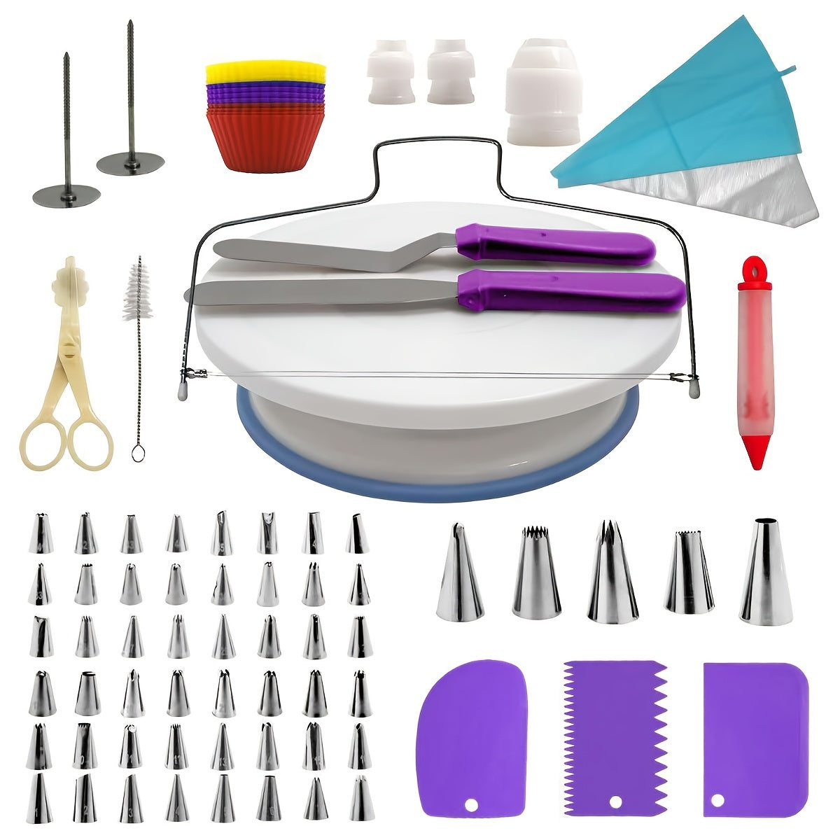 Cake Decorating Kit | Total 106pcs | 53 Icing Tips And Turntable Stand |Complete Baking Supplies Set