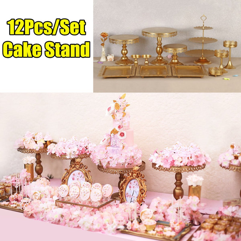 12pcs Fondant Cupcake Cake Stand Set Crystal Holder Dessert Display Tools Party Wedding Vintage Gold