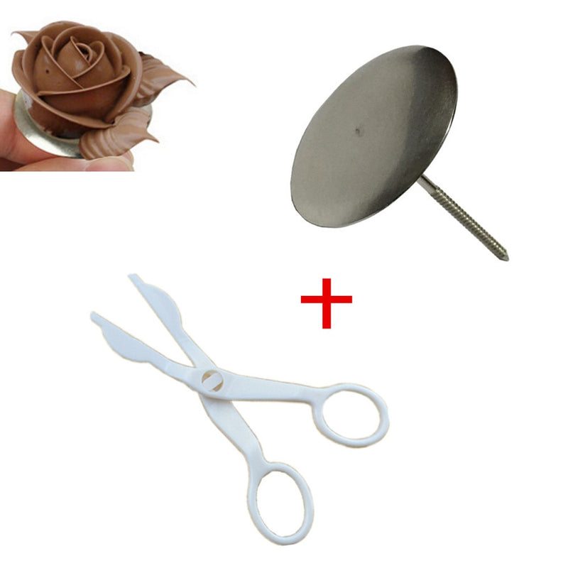 1pc Large Stainless Steel Cake Flower Needle Cake Icing Cream Decorating Nails Tool + Scissor