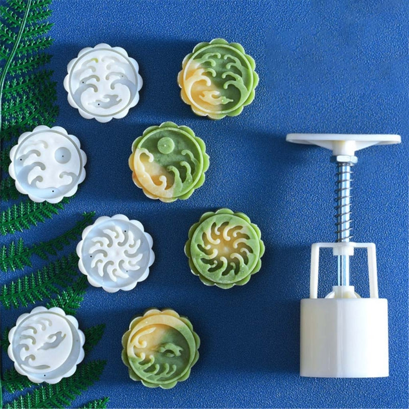 50g Mooncake Mold + 1/4 Round Stamps Cookie Cutter Hand Press Green Bean Cake Pastry Mould DIY