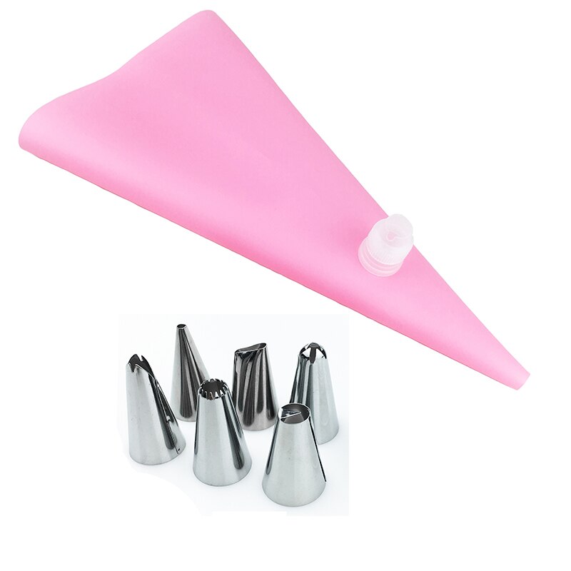 8 PCS/set Silicone Kitchen Accessories Icing Piping Cream Pink Pastry Bag + 6 Stainless Steel Nozzle