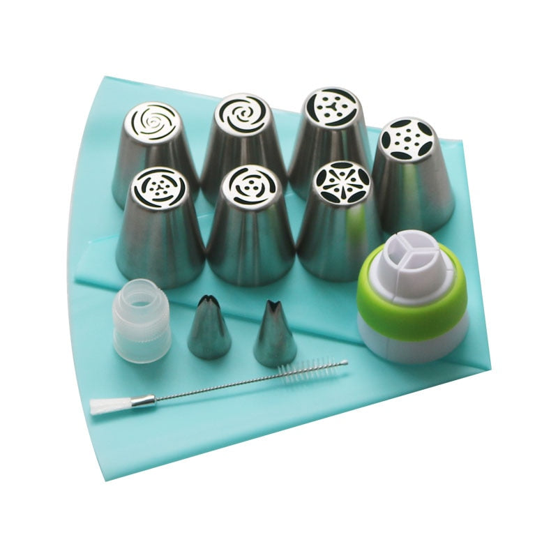 13PCS/Set Russian Icing Piping Tips 1 Pcs Silicone Bag 2 Coupler Leaf Nozzles Brush Cupcake