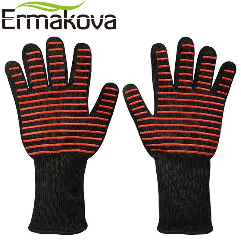 ERMAKOVA BBQ Gloves Heat Resistant Grill Gloves Non-slip Silicone Coated Pot Holders Oven Mitts