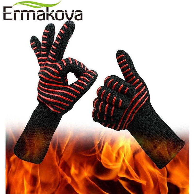 ERMAKOVA BBQ Gloves Heat Resistant Grill Gloves Non-slip Silicone Coated Pot Holders Oven Mitts