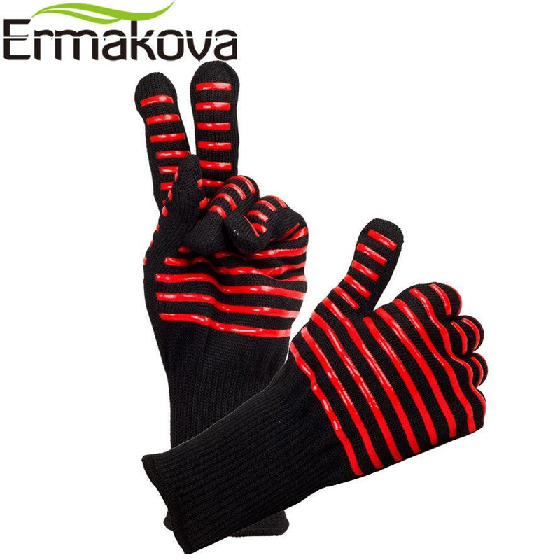 ERMAKOVA BBQ Gloves Heat Resistant Grill Gloves Non-slip Silicone Coated Pot Holders Oven Mitts