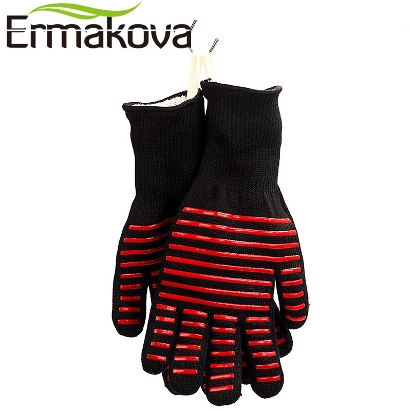 ERMAKOVA BBQ Gloves Heat Resistant Grill Gloves Non-slip Silicone Coated Pot Holders Oven Mitts
