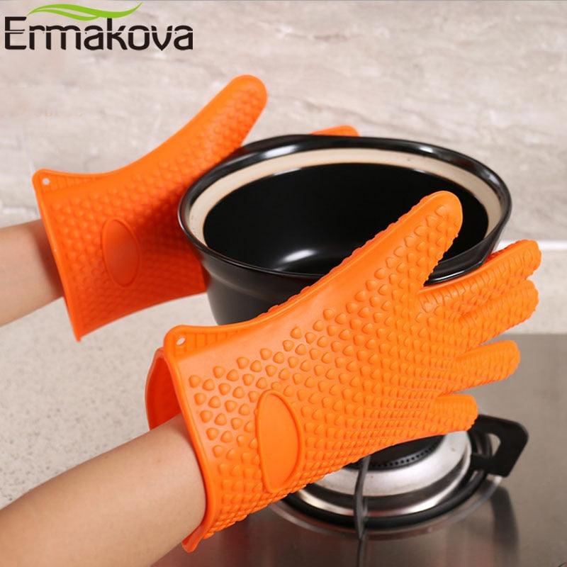 ERMAKOVA Thickening Silicone Glove BBQ Grill Glove Oven Mitts Barbecue Oven Baking Glove Pinch Mitts