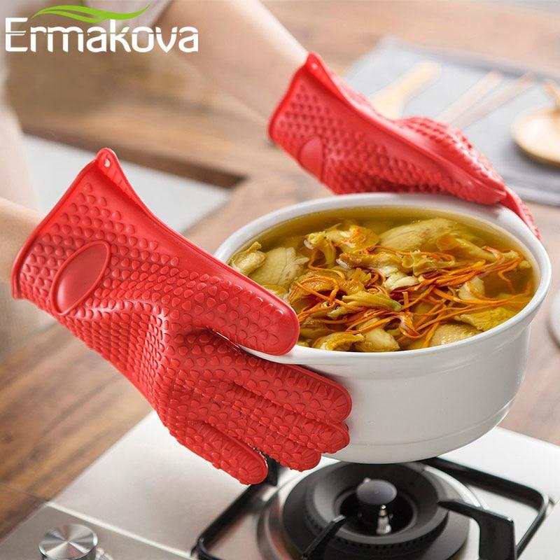 ERMAKOVA Thickening Silicone Glove BBQ Grill Glove Oven Mitts Barbecue Oven Baking Glove Pinch Mitts