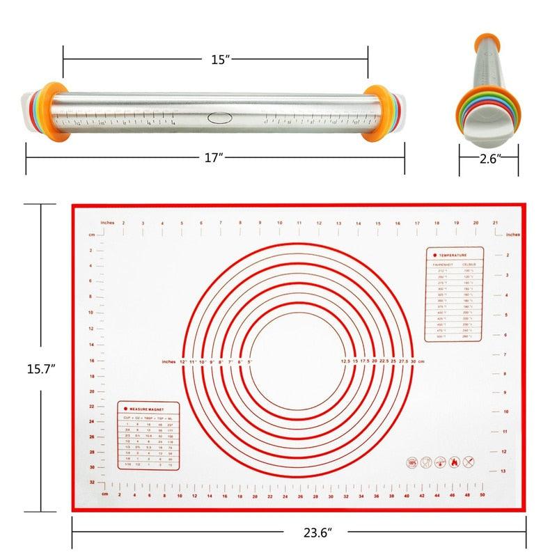 LMETJMA Baking Mat, 17inch Adjustable Stainless Steel Rolling Pin With Dough Mat, Rolling Pin - 3