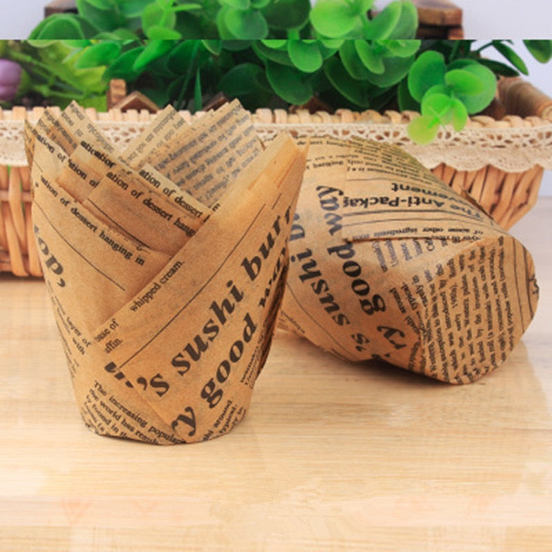 50PCS Newspaper Style Cupcake Liner Baking Cup Gift Box Moon Cake Packaging Box Wedding Candy