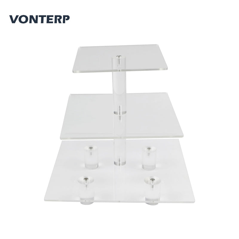 VONTERP square transparent 3 Tier Acrylic Cupcake Display Stand /cake stand Acylic cake holder