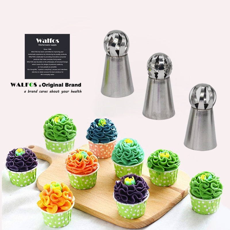WALFOS 3pc/set Russian Piping Nozzle Sphere Ball Icing Confectionary Pastry Tips Cupcake Decorator